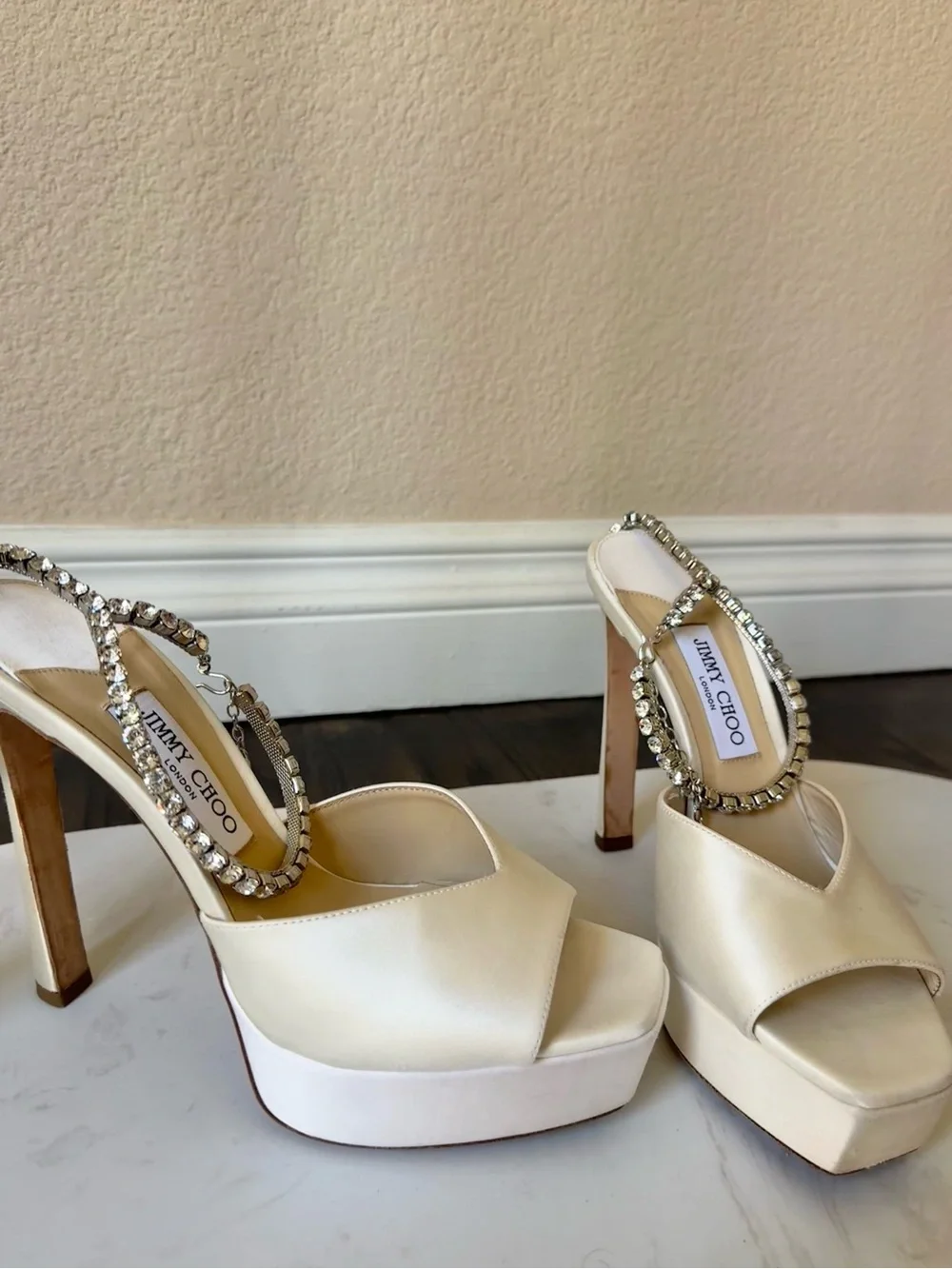 Jimmy Choo White Platform High Heel Sandals with Rhinestone Ankle Chain